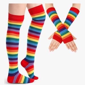 New Vibrant Rainbow Knee High Striped Socks & Arm Warmer Gloves Set